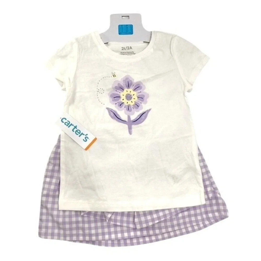 Carters 3pc Outfit Set Toddler Girls 2T Purple Gingham NWT Ruffle Floral Tee